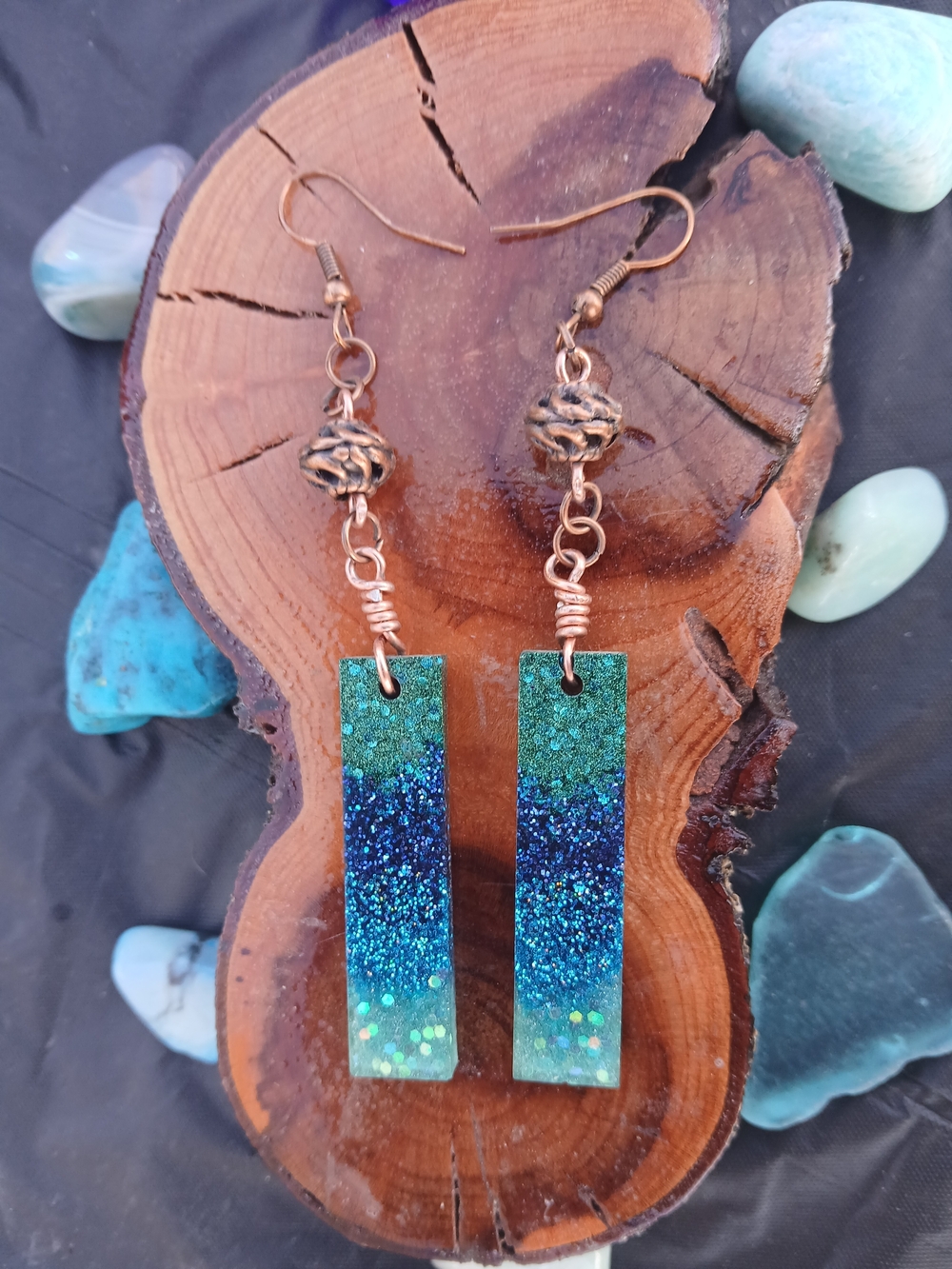 Handcrafted Resin Teal and Blue Glitter Bar Earrings - Women Jewelry